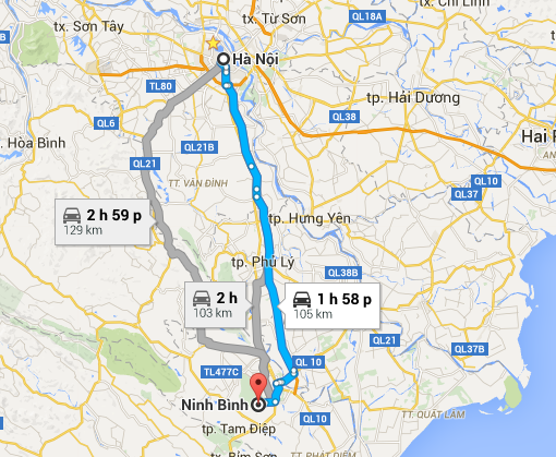 trajet Hanoi-Ninh Binh  carte Hanoi-Ninh Binh