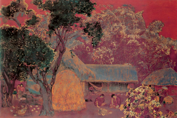 Cottage sous la racine de jacquier (peinture laque) de Nguyen Van Ty